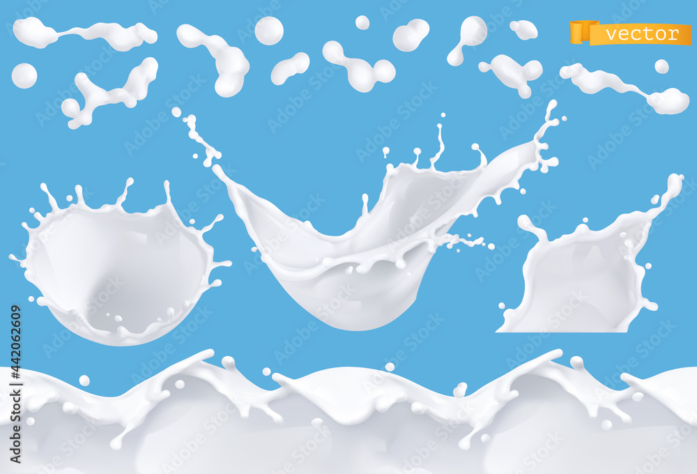 Milk splash, drop and seamless pattern. 3d realistic vector set Stock ...
