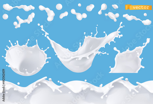 Milk splash, drop and seamless pattern. 3d realistic vector set
