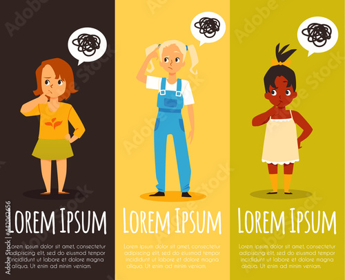 Puzzled little girls with confusion in think tries solve problems.