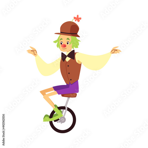 Funny clown in colorful costume rides a unicycle a flat vector illustration.