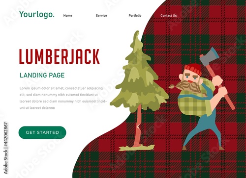 Woodworker with ax works website landing page. Man lumberjack cuts down a tree in the forest. Lumberjack Cut Timberwood, web page banner about the lumberjack profession. Cartoon flat vector illustrati photo