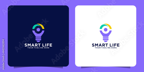 smart bulb logo with happy people concept and light bulb design template
