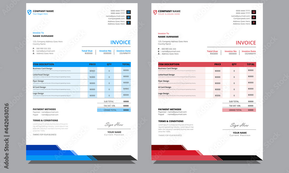 Unique official modern professional clean company minimalist corporate creative business invoice design template with blue and red colors.