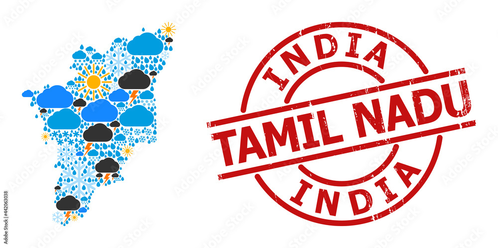 Climate pattern map of Tamil Nadu State, and distress red round stamp. Geographic vector collage map of Tamil Nadu State is organized with random rain, cloud, sun, thunderstorm items. Climate pattern map of Tamil Nadu State, and distress red round stamp. Geographic vector collage map of Tamil Nadu State is organized with random rain, cloud, sun, thunderstorm items.