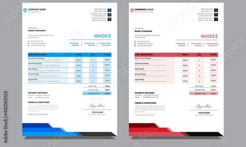 Unique official modern professional clean company minimalist corporate creative business invoice design template with blue and red colors.