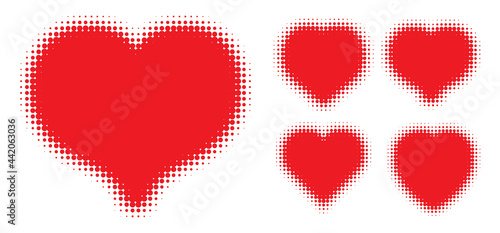 Red heart halftone dots logo set. Love insignia. Health heart emblem. Valentine frame. Vector illustration.
