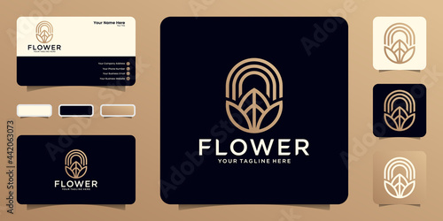beauty flower logo with line art style and gold color template and business card design