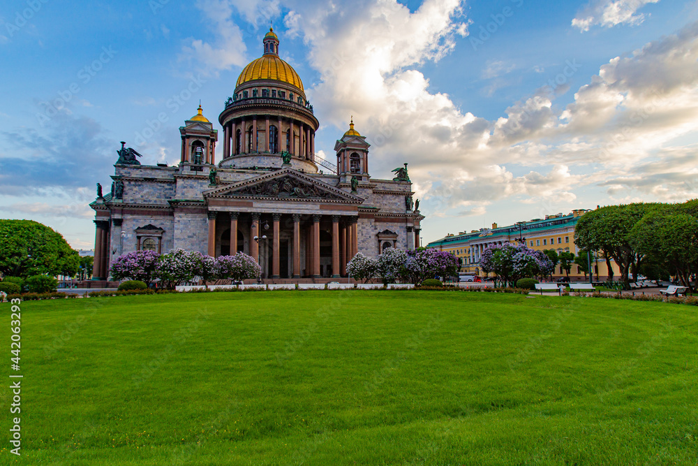 Saint Isaac's Cathedral in Saint Petersburg. Landmarks of Russia. St. Isaac's Cathedral background blue sky Isaac's Square. Excursions in Saint Petersburg. Museums Russia. City landscape  Petersburg