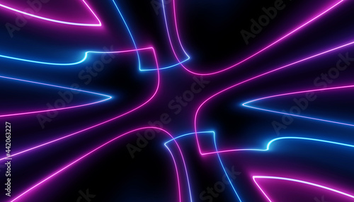 neon blue pink futuristic ultraviolet energy curvy glowing lines laser tunnel Sci-Fi black high resolution background with space for text or logo