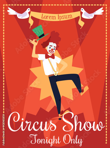 Advertising banner for circus show with clown flat vector illustration.