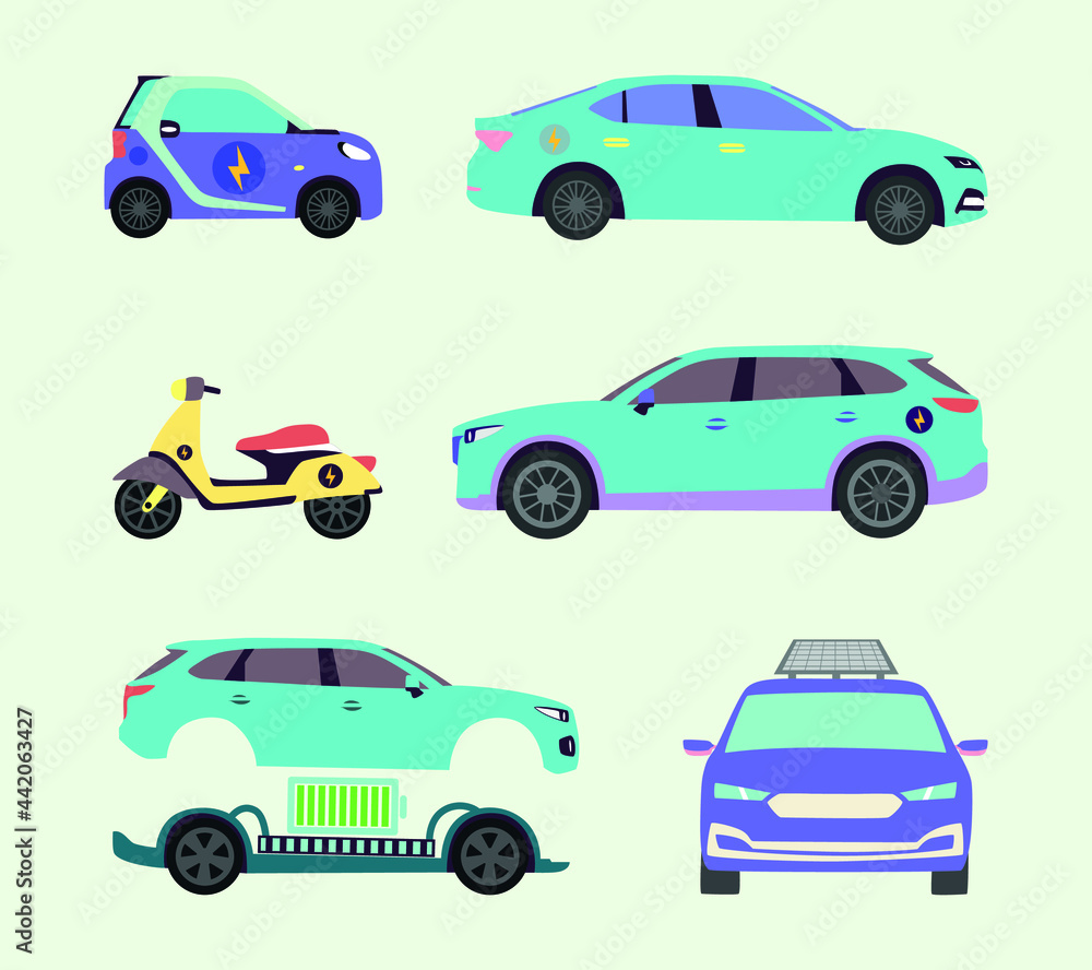 Set of electric vehicles, cars and bike run on electricity flat vector design concept