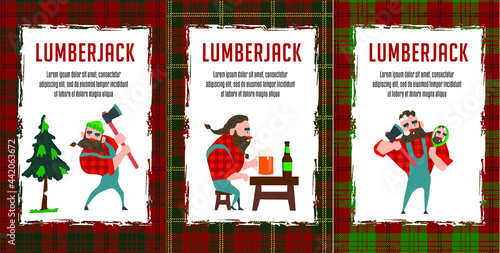 set Lumberjack and lumberjack with beard concept and related thin line icons: Lumberjack drinks beer resting after work, flonel shirt braids beard in braids. Vector illustration for banner, web page,  photo