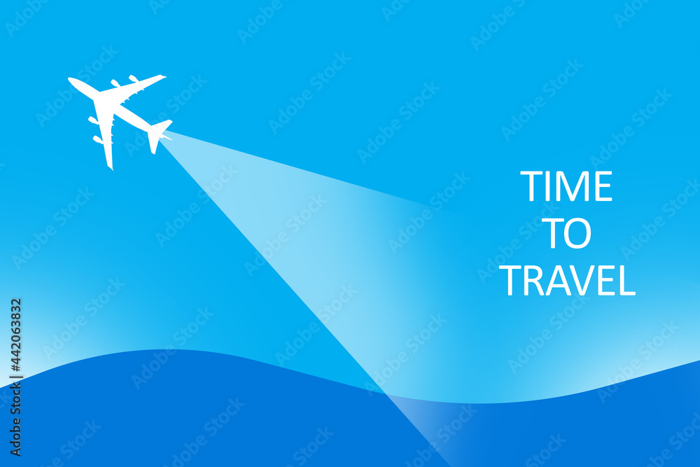 Time to travel lettering next to plane. Time to travel logo on a blue background. It symbolizes opening of borders for travel. Opening of borders after lockdown. Launch of international flights