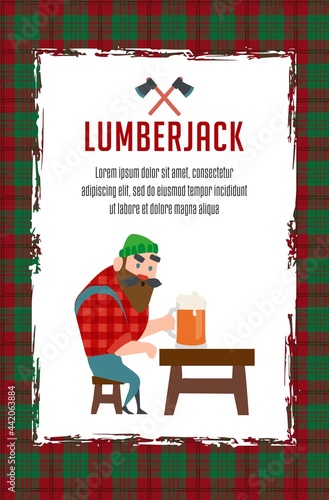 Lumberjack drinks beer resting after work, flonel shirt braids beard in braids. Vector illustration for banner, web page, print media. photo