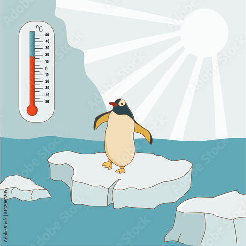 The penguin stands on one leg on an ice floe. Global warming and climate change concept. The thermometer shows a high temperature. Vector illustration