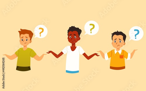 Confused kids having questions, flat vector illustration isolated on yellow background.