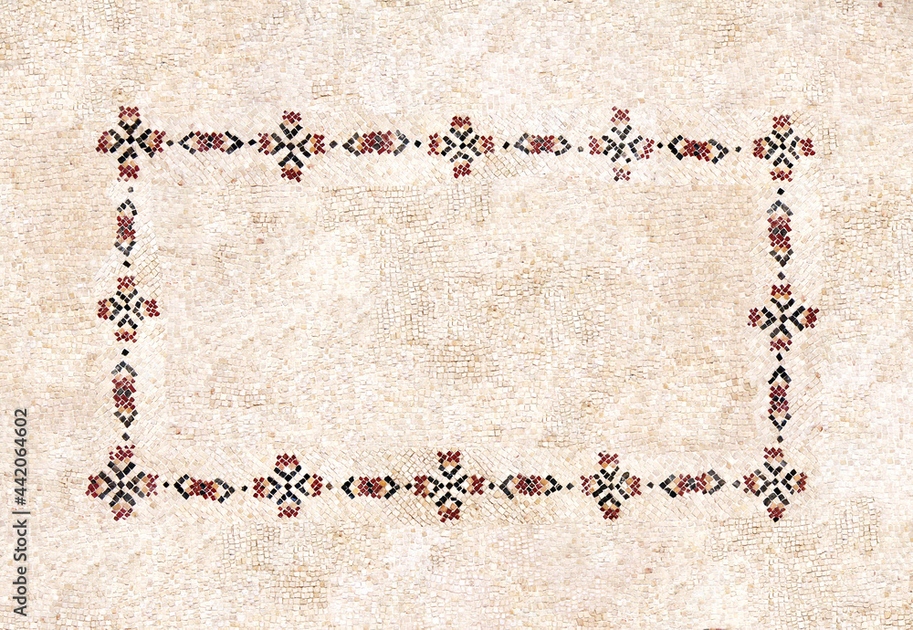 Horizontal ancient byzantine natural stone tile mosaics with geometrical frame - obrazy, fototapety, plakaty 