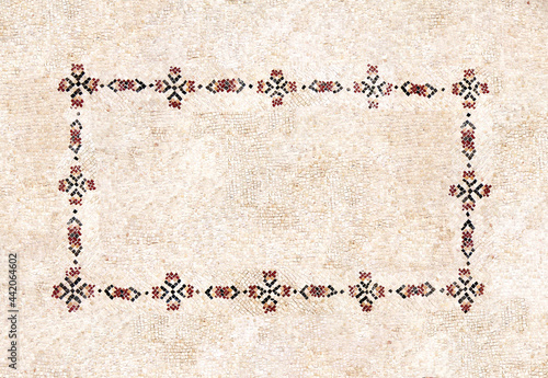 Horizontal ancient byzantine natural stone tile mosaics with geometrical frame photo
