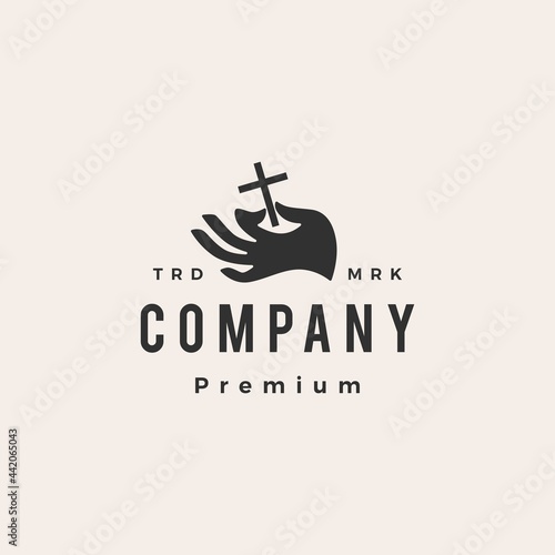 hand hold christian cross hipster vintage logo vector icon illustration