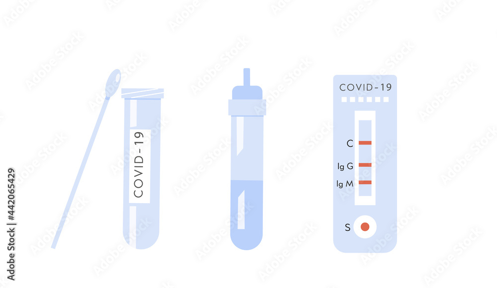 Icons of Covid-19 Home Test Kit. Coronavirus antibody blood test. Rapid strep RST. Rapid antigen detection RADT. Vector illustration isolated on white. Icons of Covid-19 Home Test Kit. Coronavirus antibody blood test. Rapid strep RST. Rapid antigen detection RADT. Vector illustration isolated on white.
