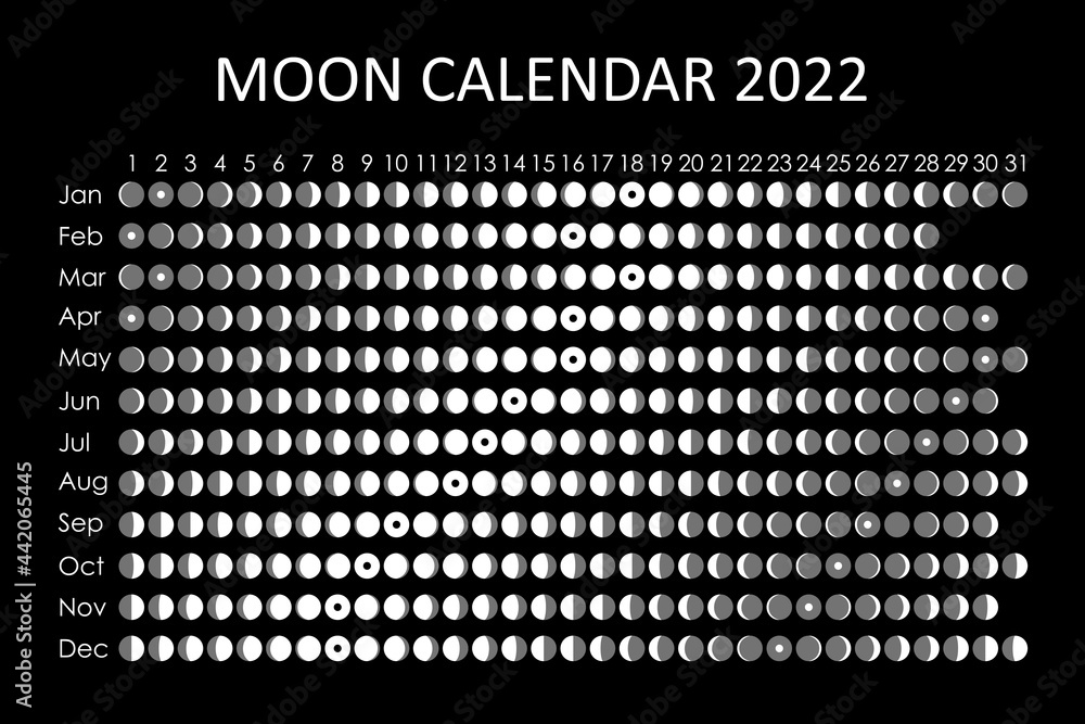 2022 Moon calendar. Astrological calendar design. planner. Place for stickers. Month cycle planner mockup. Isolated black and white background
