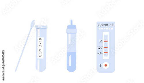 Icons of Covid-19 Home Test Kit. Coronavirus antibody blood test. Rapid strep RST. Rapid antigen detection RADT. Vector illustration isolated on white.