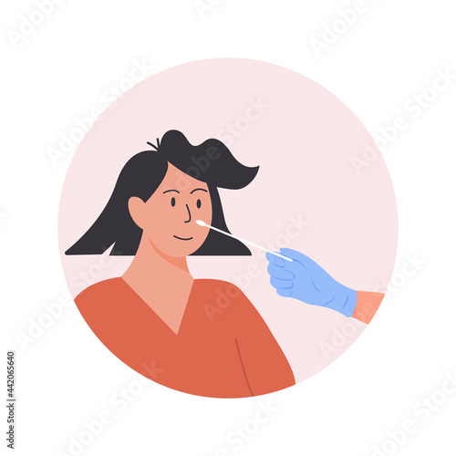 A doctor or nurse in latex gloves takes nasal swab laboratory sample from female patient. Covid-19 PCR test. Woman doing Coronavirus testing. Vector Illustration in flat style.