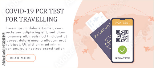 Concept of Travelling with pre-travel Covid-19 PCR test. A passport with airline boarding tickets and Coronavirus testing result on mobile phone screen. Vector banner template in flat style.