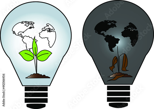 Save world agitation divided in vector image. Saving energy icon, lamp, world map, eco concept, vector illustration.