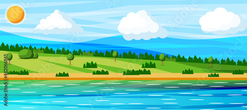 Landscape Of Hills And River.