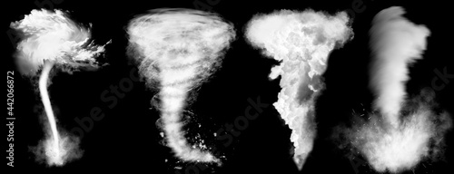 Flowing smoke. Set of tornado isolated on black background photo