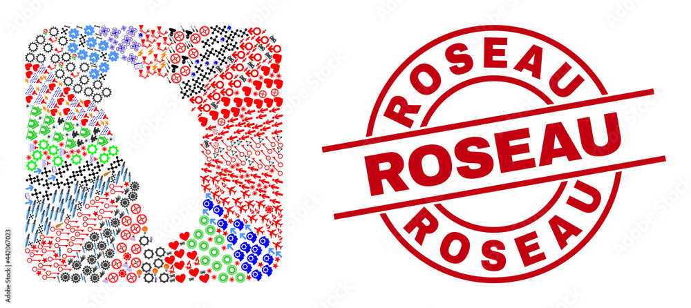 Vector mosaic Dominica Island map of different symbols and Roseau seal. Collage Dominica Island map created as carved shape from rounded square shape. Red round imprint with Roseau tag. Vector mosaic Dominica Island map of different symbols and Roseau seal. Collage Dominica Island map created as carved shape from rounded square shape. Red round imprint with Roseau tag.
