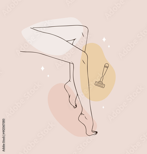 Female smooth legs. Hair removal. Laser and wax epilation. Vector Illustration of elegant feet in a trendy minimalist style. Linear logo for beauty studio or sugaring salon. Skin care concept.