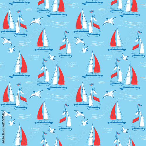 Seamless pattern with sail boats and seagulls. Sea background.