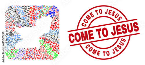 Vector mosaic Balochistan Province map of different icons and Come to Jesus badge. Mosaic Balochistan Province map created as subtraction from rounded square shape.