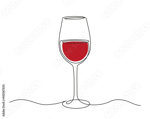 Continuous one line drawing of red Wine glass. Editable stroke Vector illustration