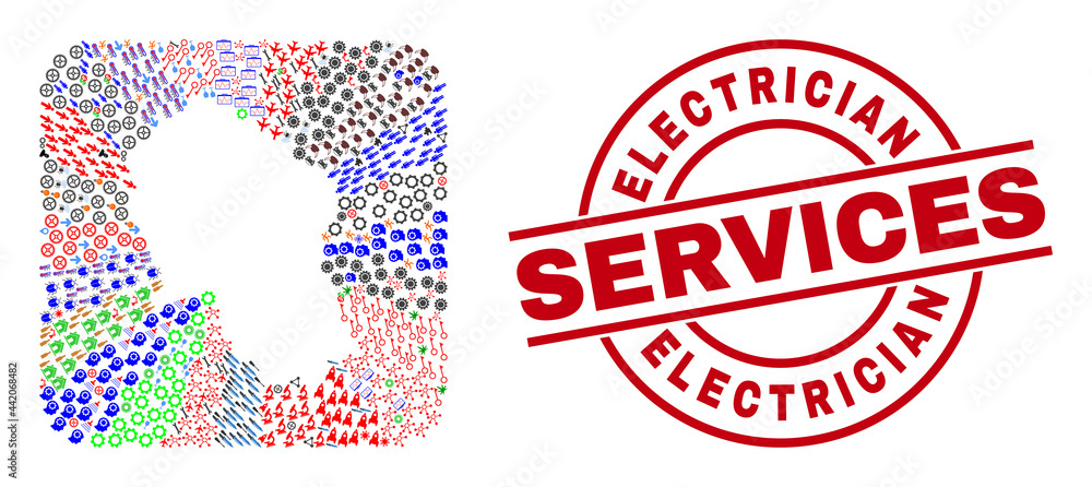 Vector mosaic Cordoba Spanish Province map of different symbols and Electrician Services badge. Collage Cordoba Spanish Province map designed as carved shape from rounded square shape. Vector mosaic Cordoba Spanish Province map of different symbols and Electrician Services badge. Collage Cordoba Spanish Province map designed as carved shape from rounded square shape.