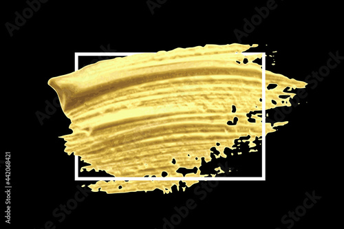 Golden brush pattern with white frame on black background. Gold smudged and smeared brushstrokes texture in rectangular even shape vector illustration. Shiny design in grunge style