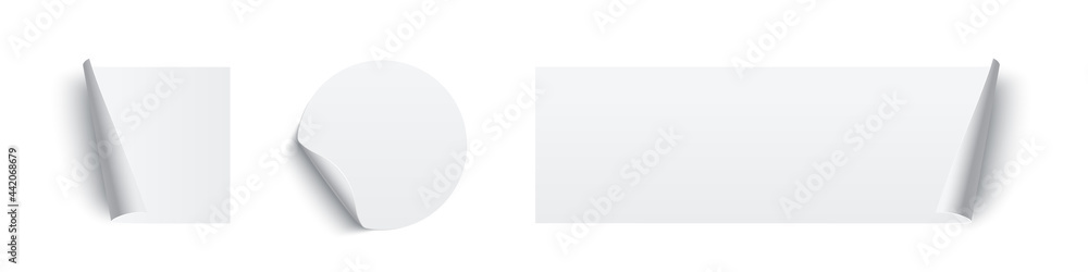 White glued square, circle and rectangle stickers with curling edges. 3d blank paper labels vector illustration. Badges with twisted edges on white background White glued square, circle and rectangle stickers with curling edges. 3d blank paper labels vector illustration. Badges with twisted edges on white background