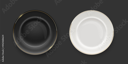 Black and white porcelain plates with golden border on black background. Empty dishes for dinner, breakfast or lunch vector illustration. Clean dishware with decoration, flat lay