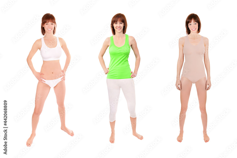 Beautiful young woman wearing different sportswear and swimwear, three full length portraits isolated in front of white background Beautiful young woman wearing different sportswear and swimwear, three full length portraits isolated in front of white background
