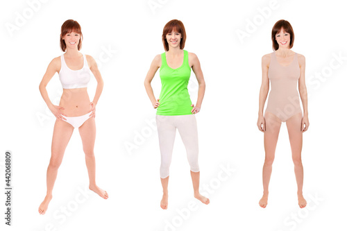Beautiful young woman wearing different sportswear and swimwear, three full length portraits isolated in front of white background