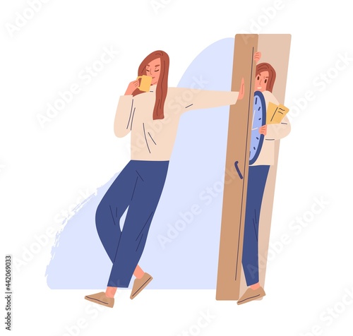 Relaxed carefree person resting at coffee break, ignoring urgent work and missing deadline. Lazy irresponsible woman dont care about business. Flat vector illustration isolated on white background