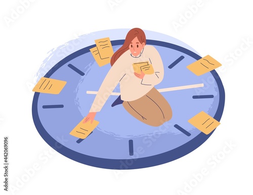 Person sitting on clocks, organizing time, planning tasks and scheduling. Concept of effective self-organization and control. Colored flat vector illustration isolated on white background