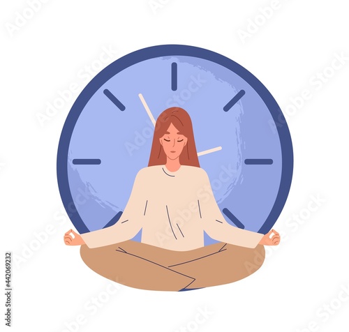 Calm person meditating near clocks and finding balance. Concept of break and stopping time. Patient peaceful woman waiting near watches. Colored flat vector illustration isolated on white background