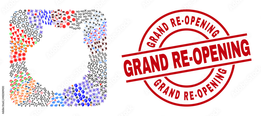 Vector collage Gran Canaria map of different symbols and Grand Re-Opening badge. Mosaic Gran Canaria map created as stencil from rounded square. Red round badge with Grand Re-Opening tag. Vector collage Gran Canaria map of different symbols and Grand Re-Opening badge. Mosaic Gran Canaria map created as stencil from rounded square. Red round badge with Grand Re-Opening tag.