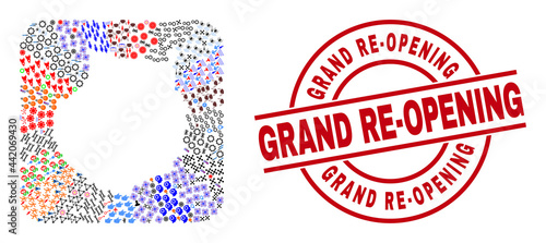 Vector collage Gran Canaria map of different symbols and Grand Re-Opening badge. Mosaic Gran Canaria map created as stencil from rounded square. Red round badge with Grand Re-Opening tag.
