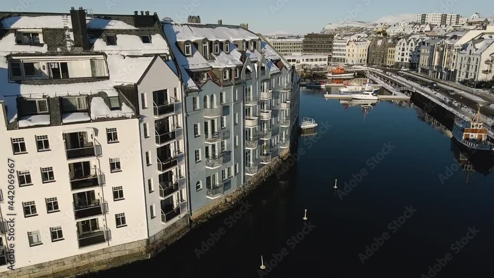 Sjobua Seafood Restaurant At The Port Town Of Alesund In Norway. aerial Sjobua Seafood Restaurant At The Port Town Of Alesund In Norway. aerial