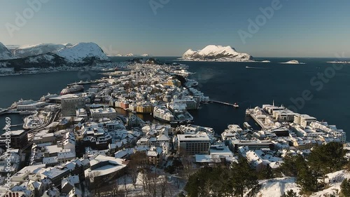 Panorama Of The Alesund Townscape And The Sunnmore Alps From Aksla Viewpoint In Norway. aerial photo