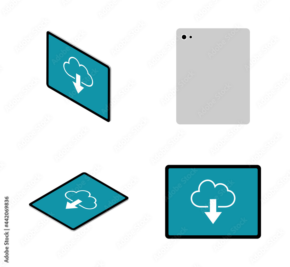 Four angles 3d tablet computers set - cloud icon screen Four angles 3d tablet computers set - cloud icon screen